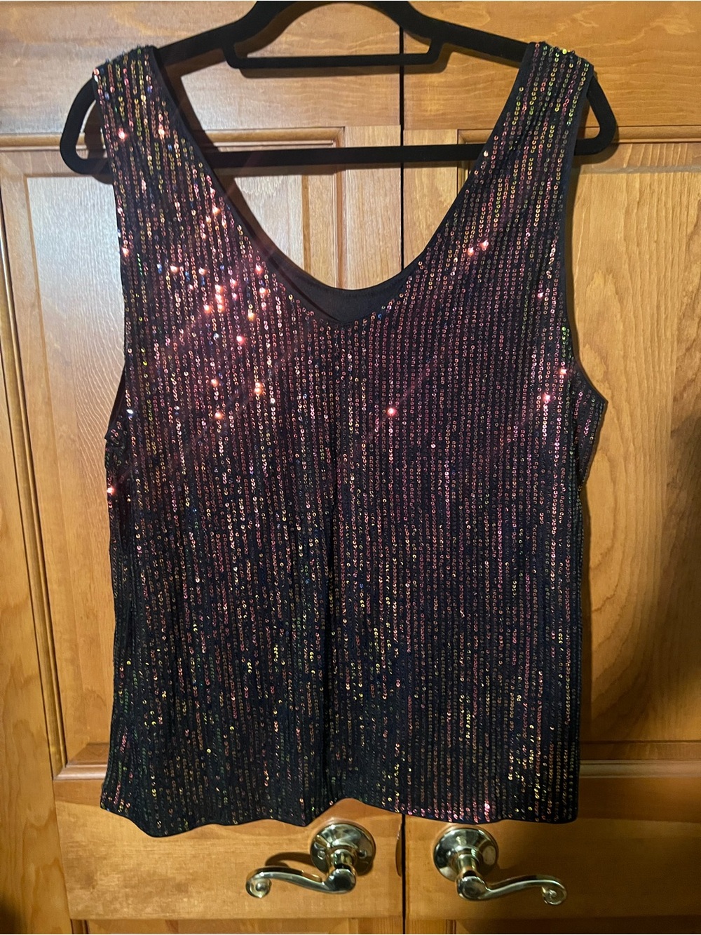 Iridescent Black Sequin Tank Top - Sparkle-Trim Scoop Neck